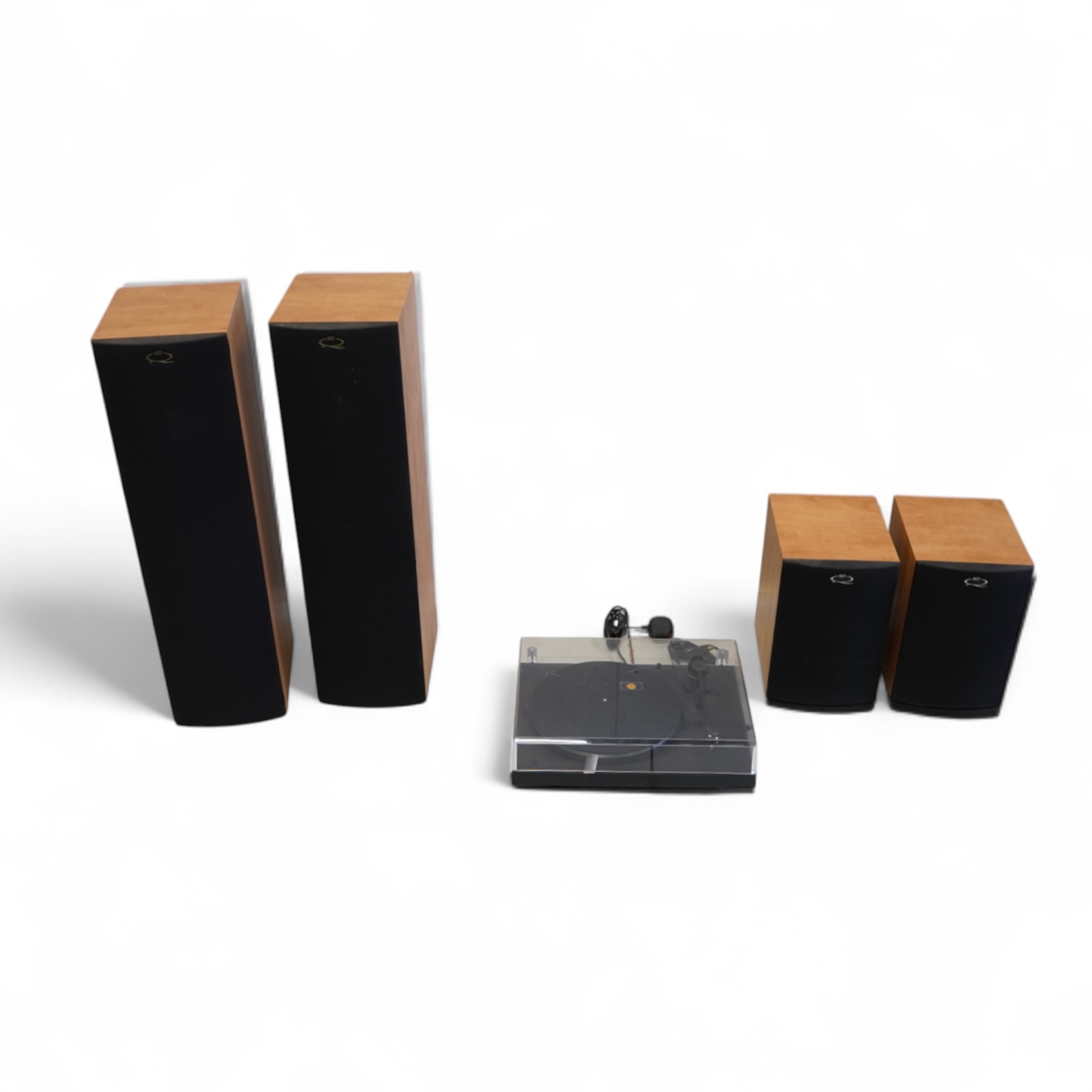 Two pairs of KEF stereo speakers; a pair of floor standing Q35.2 speakers and a pair of Q15.2 shelf speakers, together with a Pro-Ject Debut II turntable record player, serial number 008033, and a Yamaha Stereo Cassette